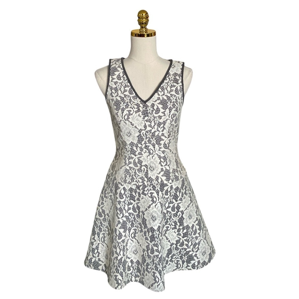 CLUB MONACO | Ashby Lace Overlay Wool White/Gray Fit & Flare Mini Dress Size 0